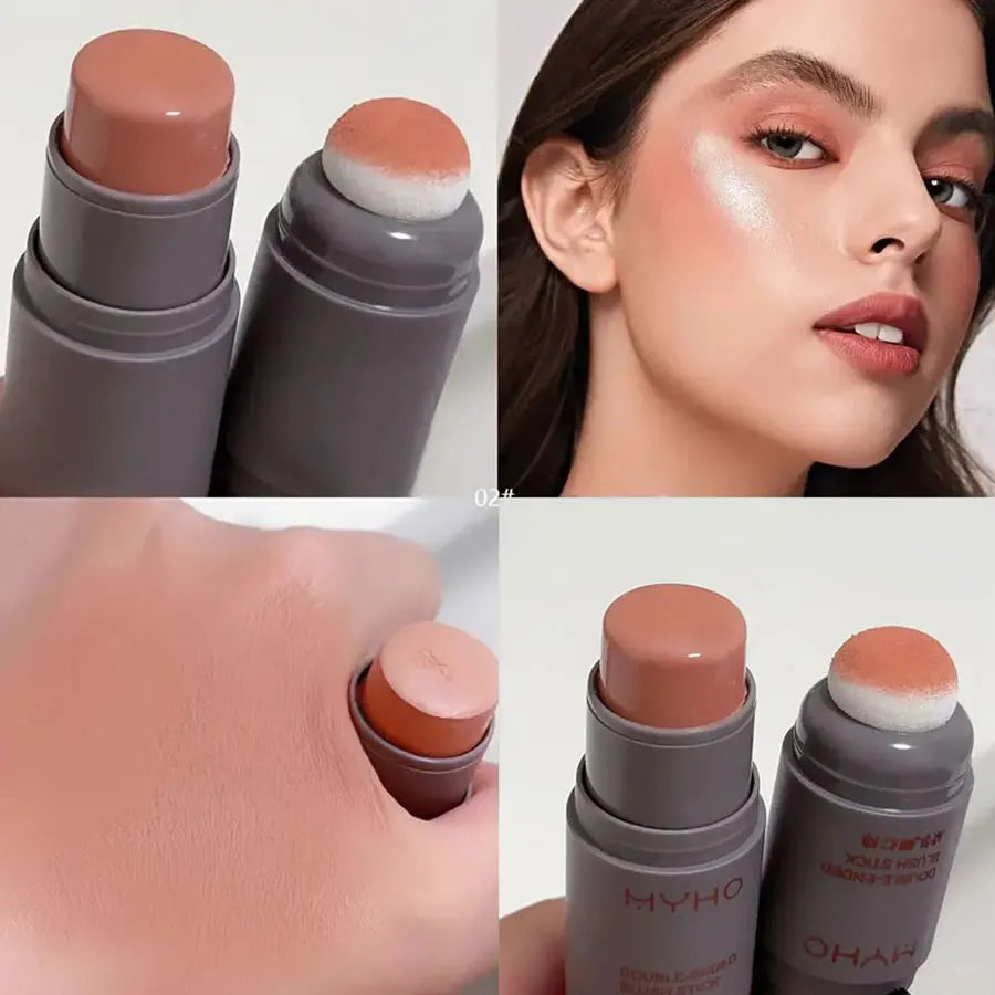 Blush Stick 2 em 1 com Esponja - Matte Natural, Longa Duração para Lábios e Bochechas"