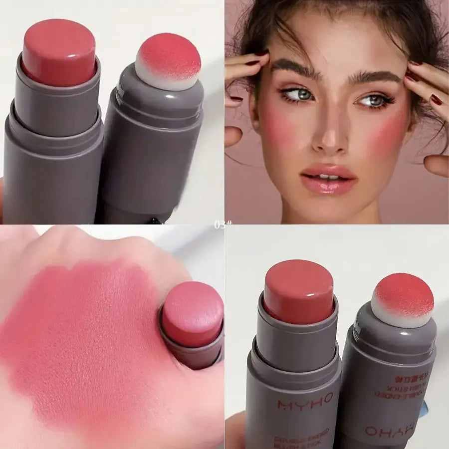 Blush Stick 2 em 1 com Esponja - Matte Natural, Longa Duração para Lábios e Bochechas"