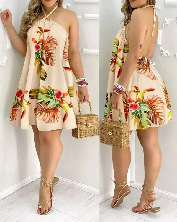 Vestido Feminino com Estampa Tropical – Decote Halter e Costas Abertas para Primavera e Verão